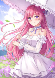 Rule 34 | 1girl, bare shoulders, blue ribbon, blurry, blurry background, blush, braid, breasts, buttons, center frills, choker, cleavage, closed mouth, cloud, cloudy sky, cowboy shot, day, detached sleeves, dorothy (nikke), dress, falling leaves, field, floating hair, flower, flower field, frilled choker, frilled dress, frilled ribbon, frilled sleeves, frilled umbrella, frills, goddess of victory: nikke, grass, hair between eyes, hair bun, hair ribbon, hand up, highres, holding, holding umbrella, jewelry, large breasts, leaf, long hair, long sleeves, looking at viewer, muwa12, neck ribbon, off-shoulder dress, off shoulder, outdoors, pink hair, purple eyes, ribbon, sky, smile, solo, spaghetti strap, standing, umbrella, white dress