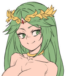 Rule 34 | 1girl, breasts, circlet, cleavage, closed mouth, commentary, english commentary, green eyes, green hair, kid icarus, large breasts, long hair, nintendo, nude, palutena, simple background, smile, solo, tiara, upper body, white background, zakusi