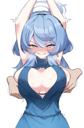Rule 34 | 1girl, absurdres, ako (blue archive), ako (dress) (blue archive), arms up, blue archive, blue dress, blue eyes, blue hair, blue halo, blush, breasts, cleavage, commentary request, disembodied limb, dress, earrings, evening gown, grabbing, grabbing another&#039;s breast, hair between eyes, halo, highres, jewelry, kimofest, large breasts, looking at viewer, medium hair, official alternate costume, partial commentary, sideless dress, sideless outfit, sleeveless, sleeveless dress, solo focus, sweat, wavy mouth