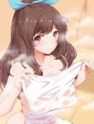 Rule 34 | 1girl, absurdres, bath, bathing, bathroom, bathtub, blue bow, blush, bow, breasts, brown eyes, brown hair, closed mouth, collarbone, covering privates, fingernails, hair bow, hands up, highres, holding, holding towel, idolmaster, idolmaster shiny colors, indoors, large breasts, long fingernails, long hair, looking at viewer, nail polish, naked towel, nude cover, pink nails, ponytail, ryuu., shower head, smile, solo, steam, tile floor, tile wall, tiles, towel, tsukioka kogane, wet, wet towel, white towel