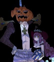 Rule 34 | 1boy, 1girl, abs, artist request, bat (symbol), belt, black background, breasts, dracule mihawk, dress, drill hair, expressionless, halloween, hat, hat feather, jewelry, large breasts, long hair, muscular, one piece, open clothes, open shirt, pectorals, pendant, perona, pumpkin, shaded face, shirt, shoulder tattoo, simple background, size difference, standing, stuffed animal, stuffed toy, sword, tattoo, very long hair, weapon, yoru (one piece)
