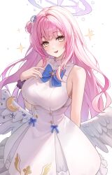 Rule 34 | 1girl, absurdres, angel wings, blue archive, blush, breasts, crescent, crescent pin, feathered wings, fingernails, flower, hair between eyes, hair bun, hair flower, hair ornament, halo, highres, large breasts, long hair, looking at viewer, mika (blue archive), open mouth, pink hair, pink halo, poise, purple flower, simple background, single side bun, smile, solo, white background, white wings, wings, yellow eyes