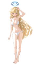 1girl alternate_costume arm_up armpits bare_legs barefoot bikini blonde_hair blue_archive blue_eyes blush breasts cleavage collarbone commentary dang_geun23283 feet flower full_body hair_flower hair_ornament halo highres large_breasts legs long_hair looking_at_viewer navel side-tie_bikini_bottom simple_background smile solo stomach string_bikini swimsuit toenails toes toki_(blue_archive) very_long_hair white_background white_bikini