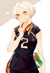 Rule 34 | 10s, 1girl, ahoge, bad id, bad pixiv id, ball, brown eyes, carrying, carrying under arm, clothes writing, eyelashes, finger to face, genderswap, genderswap (mtf), grin, haikyuu!!, haku (tokuray), heart, holding, holding ball, long hair, looking at viewer, mole, mole under eye, parted bangs, short hair, short sleeves, shorts, smile, solo, sportswear, sugawara koushi, thick eyebrows, upper body, volleyball (object), volleyball uniform