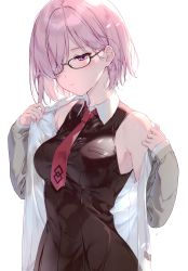 Rule 34 | 1girl, absurdres, black-framed eyewear, blush, breasts, fate/grand order, fate (series), glasses, hair over one eye, highres, kuroki (ma-na-tu), long sleeves, mash kyrielight, medium breasts, necktie, open clothes, pink hair, purple eyes, scan, short hair, simple background, solo, white background