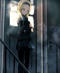Rule 34 | 1girl, aleksandra i. pokryshkin, backlighting, black pantyhose, blonde hair, blue eyes, book, brave witches, dark, film grain, hairband, highres, holding, indoors, looking down, looking to the side, pantyhose, sketch, skirt, solo, stairs, window, world witches series