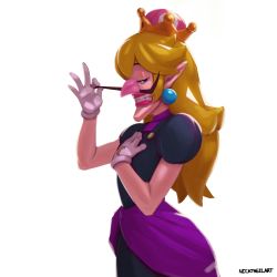 Rule 34 | 1other, absurdres, artist name, black eyes, blonde hair, crown, dress, earrings, eyeshadow, facial hair, from side, gloves, half-closed eyes, hand on own chest, hands up, happy, highres, jewelry, lips, long hair, looking at viewer, makeup, mario (series), mustache, new super mario bros. u deluxe, nicholas theil, nintendo, pointy ears, puffy short sleeves, puffy sleeves, purple dress, short sleeves, signature, simple background, smile, solo, standing, super crown, teeth, waluigi, white background, white gloves