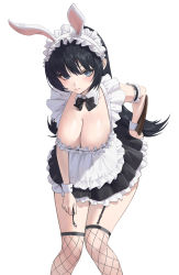 Rule 34 | 1girl, animal ears, apron, black eyes, blush, bow, bowtie, breasts, cleavage, closed mouth, detached collar, detached sleeves, dress, fishnet thighhighs, fishnets, frills, garter straps, highres, kneehighs, kou (kokounene), large breasts, long hair, looking at viewer, maid, maid apron, maid headdress, original, rabbit ears, socks, solo, thighhighs, waist apron, white background, wrist cuffs