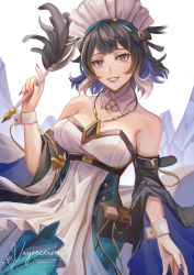 Rule 34 | 1girl, arknights, bare shoulders, black hair, blue eyes, blue lips, blue nails, breasts, cleavage, commentary, detached collar, detached sleeves, dress, duster, grin, hand up, holding, holding duster, jewelry, kjera (arknights), kjera (ingenious servant) (arknights), large breasts, looking at viewer, maid, maid headdress, nail polish, official alternate costume, pendant, pouch, short hair, smile, solo, strapless, strapless dress, upper body, vayreceane, white dress