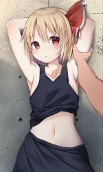 Rule 34 | 1girl, absurdres, against wall, arm grab, armpits, arms behind head, arms up, black skirt, blonde hair, blush, bow, cowboy shot, hair bow, highres, looking at viewer, mamemochi, midriff, navel, parted lips, red bow, red eyes, rumia, short hair, skirt, sleeveless, solo focus, touhou
