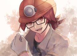 Rule 34 | 1boy, :d, black-framed eyewear, black shirt, commentary request, creatures (company), game freak, glasses, gloves, grey jacket, hand up, helmet, highres, jacket, looking at viewer, male focus, nintendo, open mouth, pokemon, pokemon dppt, red eyes, red hair, roark (pokemon), shirt, short sleeves, sioinari 03, smile, solo, teeth, tongue, white gloves