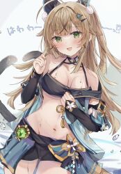 Rule 34 | 1girl, animal ears, bare shoulders, black shorts, blue jacket, blush, breasts, brown hair, cat ears, cat girl, cat tail, cleavage, commentary, fangs, genshin impact, green eyes, highres, jacket, kirara (genshin impact), looking at viewer, maruro, medium breasts, midriff, multiple tails, navel, off shoulder, one side up, open clothes, open jacket, open mouth, shorts, simple background, skin fangs, smile, solo, symbol-only commentary, tail, two tails, upper body, white background