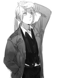 Rule 34 | 1boy, coat, edward elric, expressionless, formal, fullmetal alchemist, greyscale, hand in pocket, hand on own face, long hair, long sleeves, looking up, male focus, monochrome, pants, ponytail, riru, shaded face, shirt, simple background, standing, waistcoat, white background, white shirt
