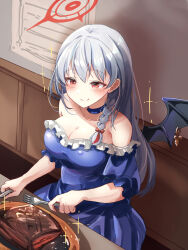 Rule 34 | 1girl, black wings, blue archive, blue dress, blush, braid, breasts, cleavage, closed mouth, demon wings, dress, eating, fake wings, food, fork, frilled sleeves, frills, grey hair, halo, haruna (blue archive), highres, holding, holding fork, holding knife, knife, komena (shinyday312), large breasts, long hair, meat, red eyes, red halo, short sleeves, side braid, single wing, smile, solo, steak, wings