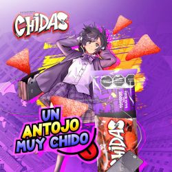 Rule 34 | 1girl, advertising, arms behind head, blush, bow, highres, jacket, original, purple background, purple bow, purple hair, purple jacket, purple skirt, skirt, smile, spanish text