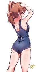 Rule 34 | 1girl, ass, brown eyes, brown hair, futami mami, highres, idolmaster, idolmaster (classic), one-piece swimsuit, school swimsuit, shift (waage), side ponytail, solo, swimsuit