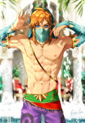 Rule 34 | 1boy, abs, blonde hair, blue eyes, blue shawl, esther shen, gerudo set (zelda), gloves, jewelry, link, male focus, muscular, muscular male, navel, nintendo, nipples, pants, pectorals, shawl, short hair, smile, solo, the legend of zelda, the legend of zelda: breath of the wild, topless male