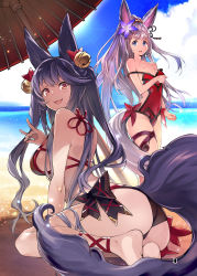 Rule 34 | 2girls, :d, adapted costume, alternate costume, animal ears, arm at side, bare shoulders, barefoot, beach, bikini, black bikini, blue eyes, blue hair, blue sky, breasts, covered navel, day, erune, fang, flower, fox shadow puppet, granblue fantasy, hair flower, hair ornament, hair ribbon, halterneck, highres, horizon, leaning forward, long hair, looking at viewer, medium breasts, multiple girls, non-web source, oil-paper umbrella, one-piece swimsuit, open mouth, outdoors, page number, red eyes, red one-piece swimsuit, ribbon, sideboob, sidelocks, sitting, sky, smile, societte (granblue fantasy), super zombie, sweatdrop, swimsuit, tail, thigh strap, twintails, umbrella, very long hair, yuel (granblue fantasy)