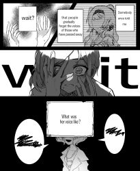 Rule 34 | 3girls, braid, checkered hairband, commentary, english commentary, english text, feather dress, greyscale, hair bun, hand on own face, high collar, highres, jacket, jewelry, long hair, lune (illust lune), monochrome, multiple girls, necklace, nervous sweating, parted lips, reverse:1999, schneider (reverse:1999), side braid, single side bun, smile, sonetto (reverse:1999), speech bubble, sweat, two side up, vertin (reverse:1999)