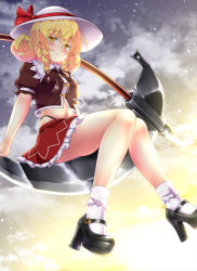 Rule 34 | 1girl, aka tawashi, bare legs, black footwear, black panties, black ribbon, blonde hair, blush, bobby socks, breasts, brown shirt, cloud, commentary request, crop top, drill hair, drill sidelocks, elly (touhou), feet out of frame, hair between eyes, hat, hat ribbon, high heels, highleg, highleg panties, highres, light particles, looking at viewer, mary janes, midriff, miniskirt, navel, neck ribbon, outdoors, panties, petticoat, platform footwear, puffy short sleeves, puffy sleeves, red ribbon, red skirt, ribbon, scythe, shirt, shoe soles, shoes, short hair, short sleeves, sidelocks, sitting, skirt, small breasts, socks, solo, thighs, touhou, touhou (pc-98), underwear, white hat, white socks, yellow eyes