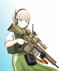 Rule 34 | 1girl, blonde hair, blue eyes, blunt bangs, commentary request, cowboy shot, dougi, german commentary, gloves, gradient background, green hakama, grey gloves, gun, h&amp;k g28, hair ornament, hakama, hakama short skirt, hakama skirt, headphones, japanese clothes, kantai collection, long hair, maaranto, rifle, scarf, shin&#039;you (kancolle), side ponytail, single glove, skirt, solo, weapon, white background