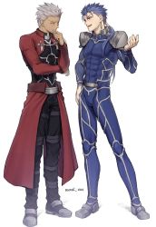 Rule 34 | 2boys, abs, archer (fate), armor, artist name, blue bodysuit, blue hair, bodysuit, commentary request, cu chulainn (fate), dark skin, dark-skinned male, earrings, closed eyes, facing another, fate/stay night, fate (series), full body, grey hair, hand on own hip, hand on own chin, hand up, highres, jewelry, cu chulainn (fate/stay night), long sleeves, male focus, mondi hl, multiple boys, open mouth, pauldrons, ponytail, red eyes, red skirt, short hair, shoulder armor, shrug (clothing), simple background, skin tight, skirt, standing, thinking, white background