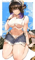Rule 34 | 1girl, absurdres, arknights, arm support, bikini, bikini under shorts, black hair, blue eyes, blue hair, blue sky, border, bracelet, breasts, commentary, commission, earrings, english commentary, eunectes (arknights), finger to mouth, highres, jewelry, kneeling, large breasts, looking at viewer, multiple bracelets, multiple earrings, muscular, muscular female, necklace, parted lips, pointy ears, sandals, see-through, short hair, short ponytail, short shorts, shorts, sky, snake girl, snake tail, solo, stomach, swimsuit, tail, thighs, underboob, white bikini, white headwear, yuki flourish