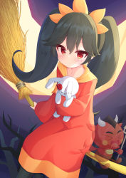 Rule 34 | 1boy, 1girl, arm support, ashley (warioware), bare tree, black hair, blush, broom, broom riding, button eyes, buttons, crescent moon, expressionless, hair flaps, hairband, highres, holding, holding stuffed toy, isoroku (isrk), long hair, long sleeves, moon, night, night sky, nintendo, pantyhose, red (warioware), red eyes, semi-transparent, sitting, sky, solo focus, stuffed animal, stuffed rabbit, stuffed toy, tree, twintails, warioware
