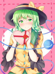 Rule 34 | 1girl, black hat, blush, bow, box, bright pupils, buttons, closed mouth, commentary request, diamond button, flower, frilled sleeves, frills, full-face blush, gift, green hair, green sailor collar, hair between eyes, hands up, hat, hat bow, heart, heart-shaped box, heart-shaped pupils, heart of string, highres, holding, holding gift, komeiji koishi, long sleeves, looking at viewer, medium hair, nagomian, pink background, red flower, red rose, rose, sailor collar, shirt, simple background, smile, solo, symbol-shaped pupils, third eye, touhou, upper body, valentine, wavy hair, wide sleeves, yellow bow, yellow shirt