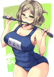 Rule 34 | 10s, 1girl, breasts, brown hair, folded ponytail, glasses, green eyes, kantai collection, katori (kancolle), large breasts, licking, long hair, one-piece swimsuit, riding crop, school swimsuit, shinshin, smile, solo, swimsuit, twitter username