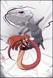 Rule 34 | &gt;:o, 1girl, :o, absurdres, arm ribbon, boa (brianoa), boxing gloves, boxing shorts, creatures (company), crossover, game freak, gen 2 pokemon, gloves, hair between eyes, hair ornament, highres, lamia, long hair, looking at viewer, miia (monster musume), monster girl, monster musume no iru nichijou, nintendo, open mouth, pointy ears, pokemon, pokemon (creature), red gloves, red hair, ribbon, scales, serious, shorts, snake tail, speed lines, sports bra, steam, steelix, tail, v-shaped eyebrows, very long hair, yellow eyes, yellow ribbon