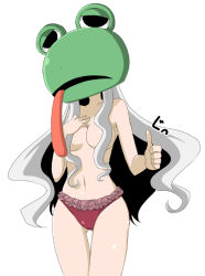 Rule 34 | 1girl, animal costume, breasts, covered breasts, covered face, covering face, faceless, faceless female, frog, frog costume, hair over breasts, hand on own chest, idolmaster, idolmaster (classic), legs, long hair, mask, midriff, navel, neck, nude, shijou takane, silver hair, swimsuit, tagme
