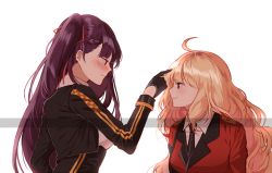 Rule 34 | 2girls, ahoge, black gloves, black necktie, blonde hair, blush, brown eyes, closed mouth, coat, commentary, curly hair, embarrassed, english commentary, female commander (girls&#039; frontline), from side, girls&#039; frontline, gloves, griffin &amp; kryuger military uniform, hair ribbon, long hair, looking at another, messy hair, military, military uniform, multiple girls, necktie, pleated coat, pleated shirt, ponytail, purple hair, red coat, red eyes, red hair, red ribbon, ribbon, shirt, side ponytail, silence girl, simple background, smile, uniform, very long hair, wa2000 (girls&#039; frontline), white background, white shirt