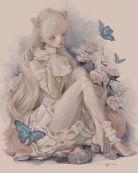 Rule 34 | 12yun30, 1girl, bare shoulders, barefoot, blue butterfly, blue eyes, blush, breasts, bug, butterfly, cleavage, cone hair bun, crossed ankles, dress, feet, flower, gradient hair, hair bun, highres, insect, knees up, legs, long hair, looking to the side, multicolored hair, nail polish, original, pink flower, pink hair, pink rose, red lips, rose, sandals, shoes, single sandal, single shoe, sitting, small breasts, solo, toenail polish, toenails, toes, two-tone hair, unworn sandals, very long hair, white dress, white flower, white hair, white rose
