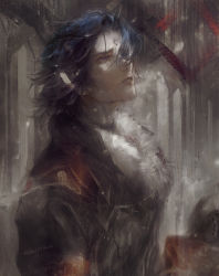 Rule 34 | 1boy, arch, black coat, blue eyes, blue hair, brown background, coat, faux traditional media, final fantasy, final fantasy xiv, floating hair, from side, fur-trimmed coat, fur trim, furrowed brow, garlean, hair over one eye, highres, jullus pyr norbanus, looking up, male focus, one eye covered, parted lips, q6q6tikin, realistic, short hair, signature, snowing, solo, third eye, twitter username, upper body