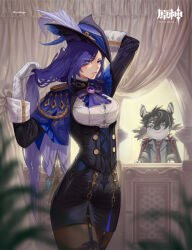 Rule 34 | 1boy, 1girl, absurdres, alternate hairstyle, animal ears, arm behind head, ascot, black coat, black corset, black hair, black pantyhose, black skirt, blue ascot, blue cape, blue hair, blue headwear, breasts, button gap, cape, clorinde (genshin impact), coat, copyright name, corset, dark blue hair, dog boy, dog ears, elbow gloves, epaulettes, fold-over gloves, framed breasts, fur-trimmed coat, fur trim, genshin impact, gloves, grey hair, hair down, hair lift, hat, hat feather, high-waist skirt, highres, indoors, kemonomimi mode, large breasts, long hair, melusine (genshin impact), multicolored hair, necktie, pantyhose, parted lips, pencil skirt, purple eyes, red necktie, shirt, short hair, skirt, streaked hair, taut clothes, taut shirt, thigh strap, tricorne, two-sided coat, two-sided fabric, tying hair, very long hair, vision (genshin impact), white gloves, white shirt, wriothesley (genshin impact), zipuragi