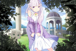 Rule 34 | 10s, 1girl, arms at sides, blue sky, blush, branch, breasts, bridge, cardigan, cleavage, cloud, cloudy sky, day, dress, emilia (re:zero), flower, gem, green eyes, hair flower, hair ornament, kiosk, large breasts, leaf, light purple hair, long hair, looking at viewer, outdoors, park, pillar, pilloar, pointy ears, puck (re:zero), purple eyes, re:zero kara hajimeru isekai seikatsu, sky, smile, solo, white dress, white flower, x hair ornament, zzzzxxx2010nian