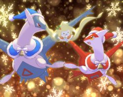 Rule 34 | :d, bell, blue capelet, bow, capelet, christmas, clothed pokemon, commentary, creatures (company), english commentary, full body, fur-trimmed capelet, fur trim, game freak, gen 3 pokemon, hair ornament, hat, holly hair ornament, jingle bell, jirachi, latias, latios, legendary pokemon, light particles, looking at another, maiko (mimi), mythical pokemon, nintendo, no humans, open mouth, pokemon, pokemon (creature), red capelet, red eyes, santa hat, smile, snowflakes, star (symbol), white bow, yellow eyes