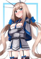 Rule 34 | 1girl, between breasts, black gloves, black thighhighs, blonde hair, blue bow, blue capelet, blue eyes, blue necktie, bow, breasts, capelet, cowboy shot, crossed arms, dress, garter straps, gloves, grey capelet, grey dress, headgear, highres, kantai collection, large breasts, long hair, low twintails, maryland (kancolle), multicolored capelet, necktie, necktie between breasts, pleated dress, solo, standing, thighhighs, tiemu (man190), twintails, very long hair