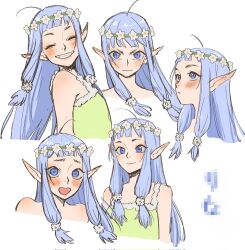 Rule 34 | 1girl, ahoge, blue eyes, blue hair, blush, closed eyes, closed mouth, cropped torso, elf, expressions, flower wreath, grin, hair ornament, heart, heart-shaped pupils, highres, long hair, long pointy ears, looking at viewer, open mouth, original, pointy ears, serious, sidelocks, simple background, sleeveless, smile, solo, symbol-shaped pupils, thabfu, white background
