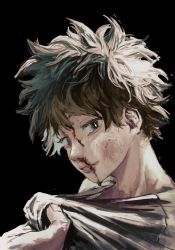 Rule 34 | 1boy, black background, blood, blood on face, boku abara, boku no hero academia, brown hair, commentary request, green hair, hand up, highres, injury, looking at viewer, messy hair, midoriya izuku, multicolored hair, nosebleed, portrait, shirt grab, short hair, simple background, solo focus, two-tone hair
