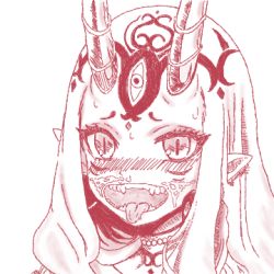 Rule 34 | blonde hair, cum, cum in mouth, eye contact, fang, fangs, fate/grand order, fate (series), horns, ibaraki douji (fate), looking at another, looking at viewer, lowres, oni, sketch, tagme, tattoo, tongue, tongue out