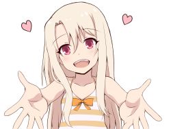 Rule 34 | 1girl, :d, bare arms, bare shoulders, blonde hair, blush, bow, breasts, camisole, collarbone, commentary request, fate/kaleid liner prisma illya, fate (series), hair between eyes, heart, highres, illyasviel von einzbern, long hair, looking at viewer, mitchi, open mouth, orange bow, outstretched arms, reaching, reaching towards viewer, red eyes, simple background, small breasts, smile, solo, striped, striped camisole, teeth, upper teeth only, very long hair, white background