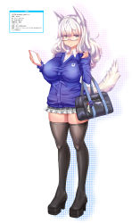 Rule 34 | 1girl, :o, absurdres, animal ear fluff, animal ears, bag, blue sweater, boots, breasts, cellphone, collared shirt, dot nose, female focus, full body, glasses, handbag, highres, large breasts, legs, long sleeves, original, phone, pleated skirt, serizawa (knight2020), shirt, skindentation, skirt, solo, space marine, standing, sweater, tail, thigh boots, thighhighs, warhammer 40k, white background, white hair, yellow eyes, zettai ryouiki