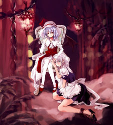 Rule 34 | 2girls, apron, ascot, bare legs, bat wings, blue eyes, blue hair, blush, bonnet, bow, braid, chain, curiosities of lotus asia, female focus, frills, full body, hand on another&#039;s head, hand on another&#039;s leg, hat, headband, high heels, izayoi sakuya, lantern, looking at viewer, maid, maid apron, maid headdress, mary janes, multiple girls, pantyhose, puffy short sleeves, puffy sleeves, red eyes, red footwear, remilia scarlet, ringo apple, ringo appuru, sconce, shoes, short hair, short sleeves, silver hair, sitting, throne, touhou, waist apron, white legwear, wings, yuri