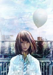 Rule 34 | 1girl, balloon, black eyes, black hair, blue necktie, building, chain-link fence, city, collared shirt, day, diagonal stripes, dress shirt, fence, highres, holding, holding balloon, lips, looking at viewer, necktie, original, outdoors, parted lips, railing, shirt, short hair, solo, striped necktie, striped neckwear, sunlight, upper body, wataboku, wing collar