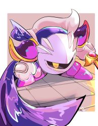 Rule 34 | armor, boots, border, cape, commentary request, eyes in shadow, full body, galaxia (sword), gem, gloves, hakaba (ksni tbn), highres, holding, holding sword, holding weapon, kirby (series), mask, meta knight, nintendo, no humans, outside border, purple cape, purple footwear, red gemstone, shoulder armor, shoulder pads, solo, sword, weapon, white border, white gloves, yellow eyes