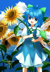 Rule 34 | 1girl, bad id, bad pixiv id, blue eyes, blue hair, bow, chagen kokimu, cirno, cloud, day, dress, female focus, flower, hair bow, matching hair/eyes, nature, open mouth, outdoors, plant, short hair, sky, smile, solo, sunflower, touhou, wings