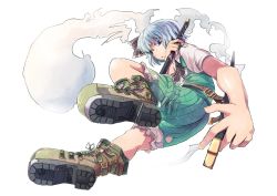 Rule 34 | 1girl, belt, blue eyes, boots, bow, citolo, female focus, floating, from below, grey hair, hair bow, hitodama, konpaku youmu, konpaku youmu (ghost), looking at viewer, short sleeves, shorts, solo, sword, touhou, weapon, white background