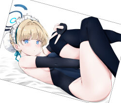 Rule 34 | 1girl, absurdres, black gloves, black leotard, black thighhighs, blonde hair, blue archive, blue eyes, blue ribbon, blunt bangs, blush, braid, breasts, bun cover, commentary request, dutch angle, elbow gloves, fingerless gloves, french braid, from side, gloves, hair bun, hair ribbon, halo, highres, komasi, leotard, looking at viewer, looking to the side, lying, maid headdress, on back, ribbon, short hair, simple background, single hair bun, small breasts, solo, thighhighs, toki (blue archive), v, white background